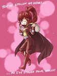  anna_(fire_emblem) blush boots cape chibi eu03 fingerless_gloves fire_emblem fire_emblem:_kakusei gloves knee_boots long_hair one_eye_closed ponytail red_hair sack solo valentine 