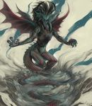  abstract_background black_hair claws cypherwulf dragon hair horn long_hair magic male nude red_eyes scalie solo wings 