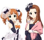  alternate_costume brown_hair earrings gloves green_eyes hair_ribbon hat hisakawa_riho idolmaster idolmaster_(classic) jewelry minase_iori multiple_girls necklace orange_hair red_eyes ribbon ring scrunchie shawl takatsuki_yayoi twintails 