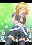  arm_warmers black_legwear blonde_hair blush closed_eyes floral_background kanchikinps mizuhashi_parsee open_mouth pee peeing pointy_ears scarf shorts solo tears thighhighs touhou wet wet_clothes wet_shorts 