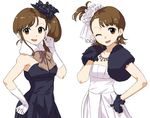  alternate_costume brown_eyes brown_hair earrings flipped_hair futami_ami futami_mami gloves hisakawa_riho idolmaster idolmaster_(classic) jewelry looking_at_viewer multiple_girls necklace one_eye_closed scrunchie siblings side_ponytail sisters twins 