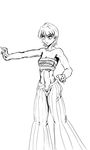  bare_shoulders drawfag fate/stay_night fate_(series) fighting_stance fujimura_taiga greyscale hakama heavy_breathing japanese_clothes midriff monochrome navel open_fly sarashi shirtless short_hair solo sweat toned unzipped 