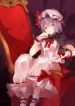  alcohol bad_id bad_pixiv_id bat_wings cape chair cup cupping_glass dress drinking_glass hat hat_ribbon looking_at_viewer marotti mary_janes purple_hair red_eyes remilia_scarlet ribbon shoes short_hair sitting solo touhou white_legwear wine wine_glass wings wrist_cuffs 