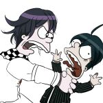  2boys ahoge angry asphyxiation black_hair cartoonized crossover danganronpa_(series) danganronpa_v3:_killing_harmony male_focus matt_groening_(style) multiple_boys ouma_kokichi parody purple_hair saihara_shuuichi scarf strangling style_parody teeth the_simpsons tongue toon_(style) 