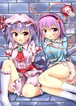  arms_behind_back bdsm blindfold blue_hair blush bondage bound chain collar dress hairband hat kneehighs komeiji_satori kuzumomo leash multiple_girls ofuda purple_eyes purple_hair red_eyes remilia_scarlet short_hair sitting socks third_eye touhou wings 