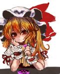 :t ascot blonde_hair candy choker flandre_scarlet food gobou_(gbu) hat head_rest heart red_eyes short_hair side_ponytail simple_background sketch solo touhou valentine white_background wrist_cuffs 
