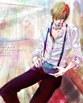  1boy 2013 blonde_hair box cigarette hair_over_one_eye kitano male male_focus one_piece open_collar pixiv_thumbnail resized sanji shirt smoking solo suspenders valentine white_shirt 