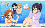  4girls absurdres asagiri_shiori bikini dera_mochimazzi glasses highres kitashirakawa_tamako long_sleeves makino_kanna multiple_girls official_art pool sleeves_past_wrists swimsuit swimsuits tamako_market tokiwa_midori water yoshimura_tomoko 