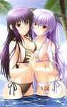  2girls absurdres bikini foreshortening hand_holding highres kurogane_otome long_hair multiple_girls ocean purple_hair red_eyes swimsuit tachibana_serebu tsuyokiss very_long_hair water yellow_eyes 