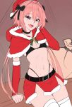  1boy astolfo_(fate) bag bell belt black_choker bow bowtie bra choker christmas elbow_gloves fang fate_(series) feet_out_of_frame flat_chest gloves hair_between_eyes hair_bow hat highleg highres hood hoodie leaning long_hair looking_at_viewer navel neck_bell open_mouth otoko_no_ko panties pink_hair purple_eyes revian_samuel_dani santa_costume santa_hat sidelocks smile solo stomach thighhighs thighs thong tongue underwear white_legwear 