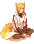  animal_ears blonde_hair blue_eyes hood hood_down hoodie indian_style male male_focus namikaze_minato naruto sitting solo tail terragin 