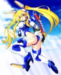  ass blonde_hair bodysuit breasts cloud colorized copyright_request flying glowing green_eyes high_heels kiryu_(1003) large_breasts long_hair looking_at_viewer mecha_musume sky smile solo sword thighhighs weapon 