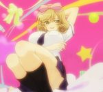  bow breasts curly_hair hair_bow haruka_(senran_kagura) huge_breasts legs school_uniform screencap senran_kagura senran_kagura_(series) smile stitched 