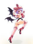  ass back bat_wings blue_hair borrowed_design breasts corset fangs hat hat_ribbon high_heels highres kiyama_satoshi leotard looking_back nipples open_mouth pink_legwear red_eyes remilia_scarlet ribbon seamed_legwear shoes short_hair small_breasts thighhighs thong_leotard touhou wings wrestling_outfit 