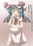  ascot bat_wings blue_hair blush dress fang gaoo_(frpjx283) hat highres long_hair open_mouth pregnant red_eyes remilia_scarlet slit_pupils solo touhou translated white_dress wings 