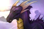  2018 day detailed_background dragon feral horn mollish outside purple_eyes scalie sky smile solo spines teeth western_dragon 