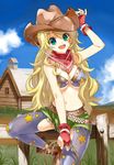  bikini_top blonde_hair boots breasts cleavage cowboy_boots cowboy_hat earrings fingerless_gloves gloves green_eyes hat hoshii_miki idolmaster idolmaster_(classic) jewelry large_breasts long_hair print_legwear putao rope solo star star_print symbol-shaped_pupils thighhighs western 