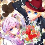  1girl ak0130 argyle argyle_background blonde_hair blue_eyes bouquet crossover flower grin hair_ornament hairclip jacket kurusu_shou lily_(flower) long_hair purple_eyes purple_hair red_flower red_rose rose smile sophie_(tales) tales_of_(series) tales_of_graces twintails uta_no_prince-sama 