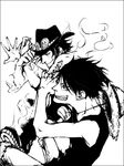  2boys brother brothers fire freckles hat male male_focus monkey_d_luffy monochrome multiple_boys one_piece pixiv_thumbnail portgas_d_ace resized sad_face scar shueisha siblings smiley_face stampede_string straw_hat tattoo topless vessel vesssssel waistcoat 