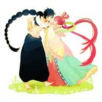  1girl bad_id bad_pixiv_id black_hair braid chinese_clothes closed_eyes food fruit hair_ornament hair_rings hair_stick jewelry judal long_hair magi_the_labyrinth_of_magic neck_ring open_mouth peach red_eyes red_hair ren_kougyoku single_braid yy888s 