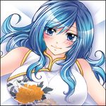  1girl bare_shoulders blue_eyes blue_hair blush breasts chinese_clothes fairy_tail juvia_loxar long_hair lowres lying smile 