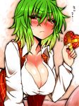  :&lt; bandaged_fingers bandages blush box breasts cleavage gift gift_box green_hair heart-shaped_box highres holding kazami_yuuka large_breasts looking_at_viewer red_eyes roki_(hirokix) short_hair solo sweatdrop touhou valentine 