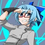  1girl ahoge blue_eyes blue_hair bow bridal_gauntlets cirno cosplay curly_hair fingerless_gloves ghiaccio ghiaccio_(cosplay) glasses gloves grin hair_bow jojo_no_kimyou_na_bouken parody power_connection red-framed_glasses semi-rimless_glasses senmitu3/1000 senmitu3_(1000) short_hair smile solo standing touhou 