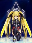  bardiche belt blonde_hair breasts colorized dual_wielding energy_sword fate_testarossa gauntlets hair_ribbon holding kiryu_(1003) long_hair looking_at_viewer lyrical_nanoha magic_circle mahou_shoujo_lyrical_nanoha_strikers medium_breasts one_knee red_eyes ribbon solo sword thighhighs twintails weapon 