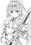  agahari armor breastplate forte_(rune_factory) gauntlets greyscale long_hair looking_at_viewer monochrome rune_factory rune_factory_4 simple_background solo sword visor_(armor) weapon white_background 