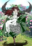  alternate_costume bad_id bad_pixiv_id blue_sky bow brown_hair bush day dress field flower frills full_body garden grass hair_bow hairband highres looking_at_viewer maxwell_manzoku open_mouth red_eyes reiuji_utsuho running shoes sky smile solo touhou wings 