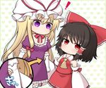  2girls arm_grab arm_holding black_hair blonde_hair blush chibi hakurei_reimu hat heart heart_background long_hair multiple_girls purple_eyes red_eyes shiohachi short_hair shy touhou yakumo_yukari yuri 