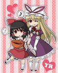  2girls black_hair blonde_hair blush bowl chibi chocolate hakurei_reimu hat heart licking_lips long_hair multiple_girls musical_note one_eye_closed purple_eyes red_eyes shiohachi short_hair tongue tongue_out touhou yakumo_yukari 