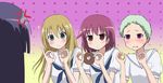  aritubu blonde_hair blue_hair blush doughnut expressionless food green_hair hirose_sumire long_hair matano_seiko miyanaga_teru multiple_girls oohoshi_awai red_hair saki shiraitodai_school_uniform short_hair 