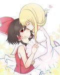  black_hair blonde_hair blush closed_eyes hair_up hakurei_reimu hand_on_another's_cheek hand_on_another's_face hat hat_removed headwear_removed heart imminent_kiss long_hair multiple_girls one_eye_closed red_eyes sarashi shiohachi short_hair sleeveless touhou yakumo_yukari yuri 