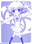  :d arm_up bad_id bad_pixiv_id blue blush character_name dress full_body hair_ornament hairpin hidamari_sketch kurukuru_(korekita) looking_at_viewer monochrome open_mouth pigeon-toed ribbon school_uniform short_hair skirt smile socks solo standing waving x_hair_ornament yuno 