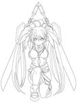  bardiche belt breasts dual_wielding fate_testarossa gauntlets greyscale hair_ribbon holding lineart long_hair looking_at_viewer lyrical_nanoha mahou_shoujo_lyrical_nanoha_strikers medium_breasts monochrome one_knee ribbon solo sword t2r thighhighs twintails weapon 