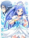  bad_id bad_pixiv_id blue blue_background blue_bow blue_eyes blue_hair bow bracelet choker cure_diamond curly_hair dokidoki!_precure dress dual_persona half_updo hand_on_hip hishikawa_rikka jewelry long_hair magical_girl multiple_girls ponytail precure ribbon shinekalta smile 