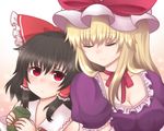  black_hair blonde_hair blush breasts cleavage closed_eyes cup hakurei_reimu hat leaning long_hair medium_breasts multiple_girls red_eyes shiohachi short_hair sleeping touhou yakumo_yukari yuri 