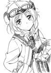  agahari annette_(rune_factory) braid goggles goggles_on_head greyscale monochrome rune_factory simple_background solo white_background 