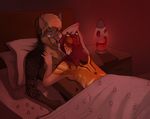  anthro bed bedroom black_nose blonde_hair blue_eyes breasts brown_fur canine drawer duo ear_piercing female fur grey_fur grin hair lamp lava_lamp male mammal nightstand nude nuzzle orange_fur piercing pillow red_hair side_boob smile solarbyte straight tattoo 