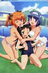  3girls absurdres ahoge barefoot bikini black_hair blue_hair bow brown_hair feet green_eyes hair_bow hairband hazuki_kurumi highres hug incredibly_absurdres kaitou_tenshi_twin_angel kannazuki_aoi kneeling long_hair minazuki_haruka_(twin_angel) multiple_girls nyantype official_art one-piece_swimsuit open_mouth pool poolside purple_eyes school_swimsuit short_hair short_twintails side-tie_bikini strapless strapless_bikini strapless_swimsuit swimsuit twintails very_long_hair wink 