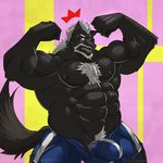 abs anthro balls biceps big_muscles black_fur bulge canine chest_tuft chubby clothing erection flexing fur hair lang male mammal musclegut muscles nipples pecs penis pose reclamon scar shorts solo standing topless tuft vein white_hair wolf yellow_eyes 