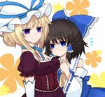  alternate_color black_hair blonde_hair blue blue_eyes flower hair_up hakurei_reimu half_updo hat long_hair multiple_girls player_2 purple_eyes shiohachi short_hair smile touhou yakumo_yukari 