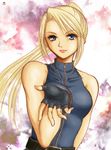  arm_behind_back bare_shoulders belt blonde_hair blue_eyes bodysuit breasts eyelashes fingerless_gloves gloves lips long_hair nashiko_(tinyrelation) outstretched_hand ponytail sarah_bryant sleeveless solo virtua_fighter zipper 