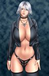  breasts christie christie_(doa) cleavage collar dead_or_alive jacket jewelry large_breasts midriff navel necklace no_bra panties tecmo underwear white_hair 