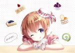  1girl ;q absurdres blueberry bow cake cake_hair_ornament chin_rest commentary_request dated food food_request food_themed_hair_ornament fork fruit gloves gochuumon_wa_usagi_desu_ka? hair_between_eyes hair_bow hair_ornament head_tilt highres hoto_cocoa light_brown_hair looking_at_viewer medium_hair neki_(wakiko) one_eye_closed orange polka_dot polka_dot_background puffy_short_sleeves puffy_sleeves purple_eyes red_bow short_sleeves solo speech_bubble strawberry strawberry_shortcake tongue tongue_out twitter_username white_gloves 