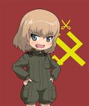  bangs blonde_hair blue_eyes chocolate emblem fang food food_on_face girls_und_panzer hands_on_hips katyusha looking_at_viewer military military_uniform monputi1 pravda_(emblem) pravda_military_uniform red_background short_hair short_jumpsuit smile solo stain uniform 