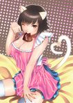  :&gt; alternate_breast_size alternate_costume alternate_hair_length alternate_hairstyle animal_ears apron bed_sheet black_hair breasts brown_eyes cat_ears cat_tail chocolate chocolate_heart cleavage heart heart_tail highres huge_breasts kemonomimi_mode miniskirt mouth_hold nagase_kei nail_polish one_eye_closed pai_chan paw_pose polka_dot polka_dot_background short_hair sitting skirt solo striped tail thighhighs valentine vertical-striped_apron vertical_stripes virtua_fighter white_legwear zettai_ryouiki 