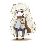  1girl ahoge alpaca-san animal_ears blue_eyes blush coat eyebrows full_body long_hair long_sleeves looking_at_viewer nekoyama original pantyhose scarf silver_hair simple_background skirt sleeves_past_wrists solo standing thick_eyebrows very_long_hair white_background winter_clothes 