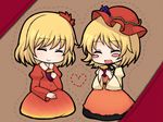  aki_minoriko aki_shizuha blonde_hair blush blush_stickers chibi closed_eyes happy hat heart multiple_girls outline shiohachi short_hair siblings sisters sitting smile touhou 